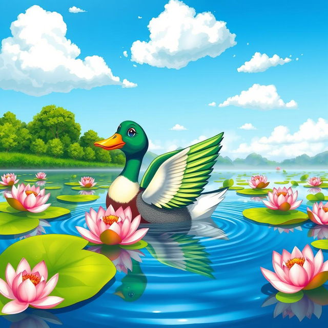 A vibrant and colorful illustration of a pato (duck) swimming gracefully on a serene lake surrounded by blooming lotus flowers and green lily pads