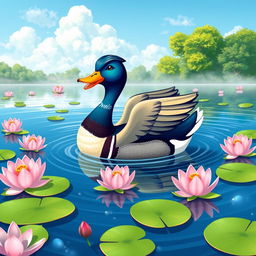 A vibrant and colorful illustration of a pato (duck) swimming gracefully on a serene lake surrounded by blooming lotus flowers and green lily pads