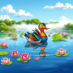 A vibrant and colorful illustration of a pato (duck) swimming gracefully on a serene lake surrounded by blooming lotus flowers and green lily pads
