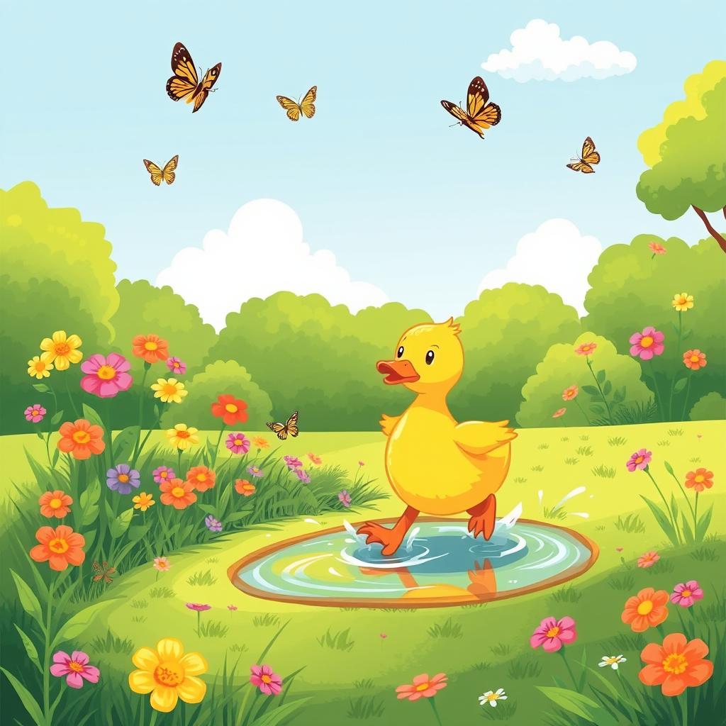A whimsical and charming illustration of a pato (duck) waddling through a lush, green park