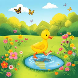 A whimsical and charming illustration of a pato (duck) waddling through a lush, green park
