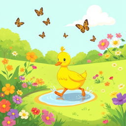 A whimsical and charming illustration of a pato (duck) waddling through a lush, green park
