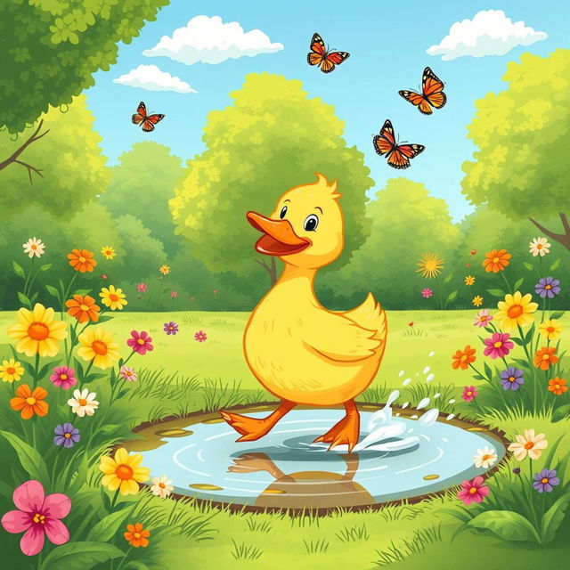 A whimsical and charming illustration of a pato (duck) waddling through a lush, green park