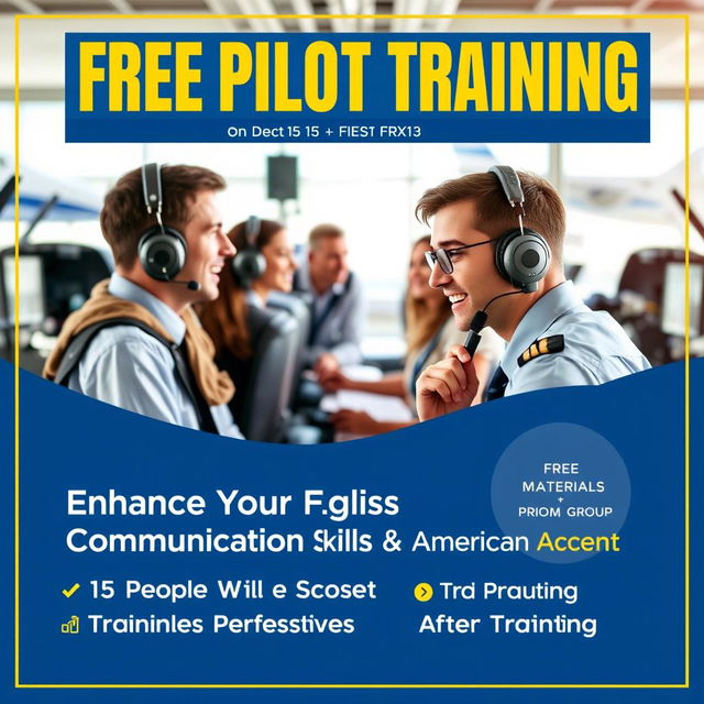 A vibrant and eye-catching poster design promoting free pilot training on December 15, focusing on English communication skills and American accent