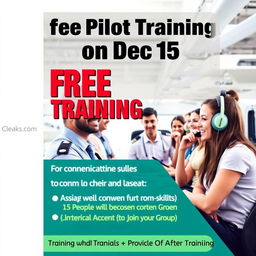 A vibrant and eye-catching poster design promoting free pilot training on December 15, focusing on English communication skills and American accent