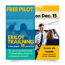 A vibrant and eye-catching poster design promoting free pilot training on December 15, focusing on English communication skills and American accent