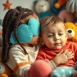 An older sister with braided hair whispering into her younger brother's ear, surrounded by playful objects that obscure her face, creating a sense of warmth and intimacy