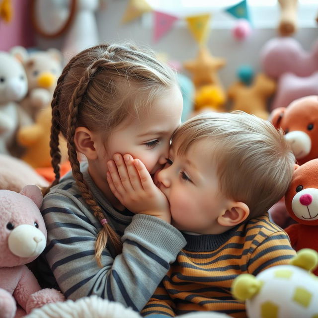 An older sister with braided hair whispering into her younger brother's ear, surrounded by playful objects that obscure her face, creating a sense of warmth and intimacy