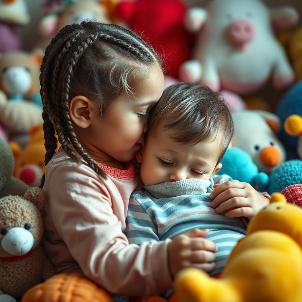 An older sister with braided hair whispering into her younger brother's ear, surrounded by playful objects that obscure her face, creating a sense of warmth and intimacy