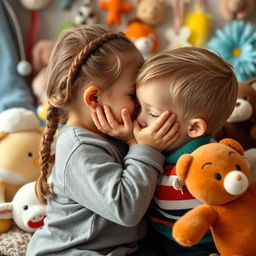 An older sister with braided hair whispering into her younger brother's ear, surrounded by playful objects that obscure her face, creating a sense of warmth and intimacy