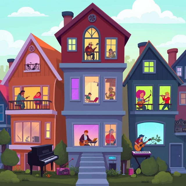 A lively 2D game scene featuring a neighborhood of houses, each uniquely designed to represent different musical genres, where players can create music