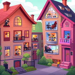 A lively 2D game scene featuring a neighborhood of houses, each uniquely designed to represent different musical genres, where players can create music