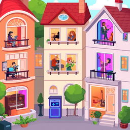A lively 2D game scene featuring a neighborhood of houses, each uniquely designed to represent different musical genres, where players can create music