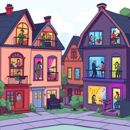 A lively 2D game scene featuring a neighborhood of houses, each uniquely designed to represent different musical genres, where players can create music