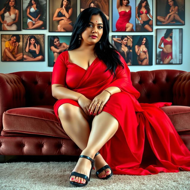 A full view photo of a slightly plump, beautiful Indian woman in a striking red saree, elegantly sitting on a plush sofa