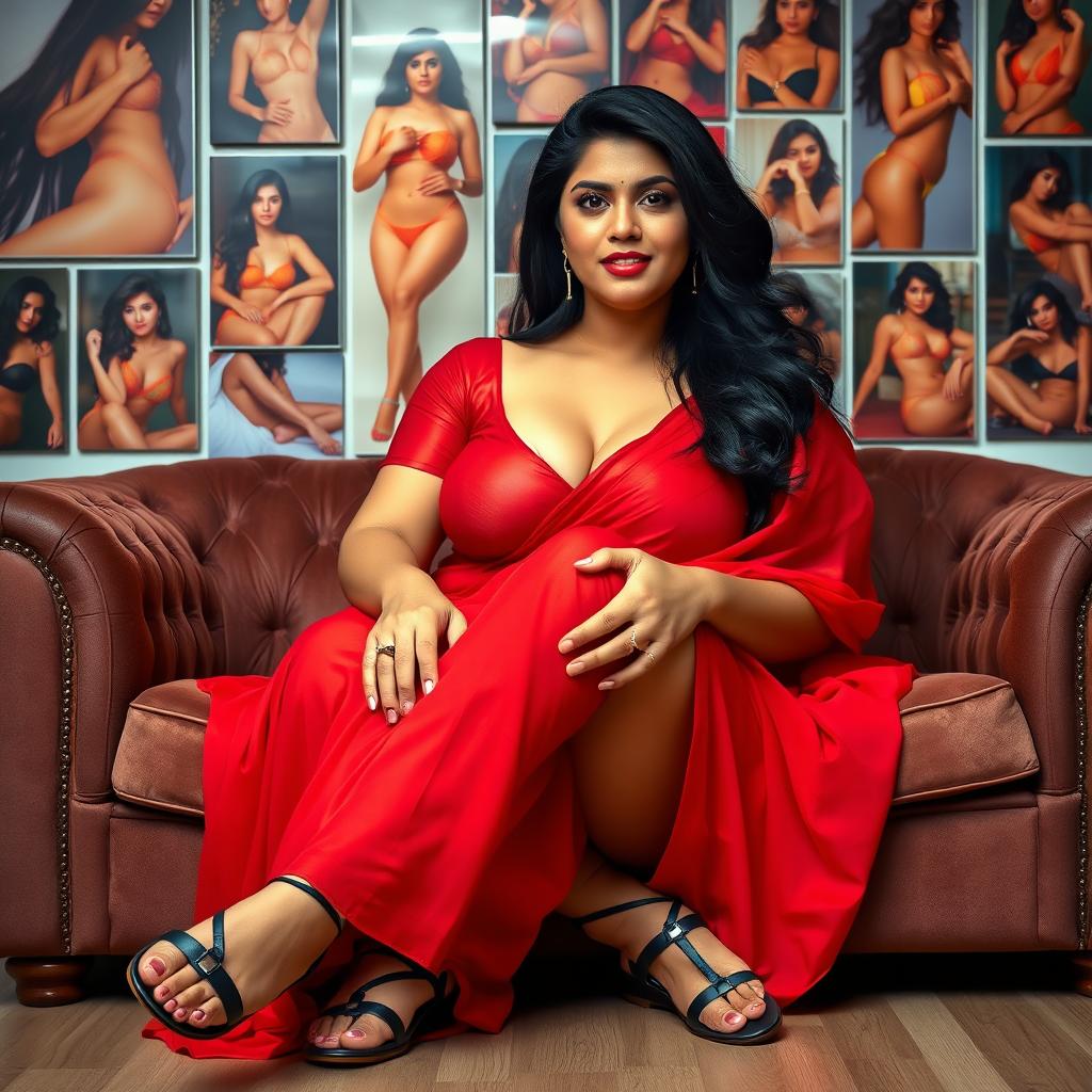 A full view photo of a slightly plump, beautiful Indian woman in a striking red saree, elegantly sitting on a plush sofa