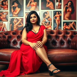A full view photo of a slightly plump, beautiful Indian woman in a striking red saree, elegantly sitting on a plush sofa