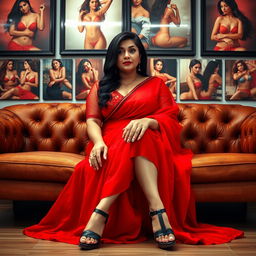 A full view photo of a slightly plump, beautiful Indian woman in a striking red saree, elegantly sitting on a plush sofa