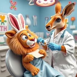 In a whimsical dental office, a kangaroo dressed as a dentist is gently extracting a tooth from a lion wearing a fluffy rabbit costume