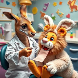 In a whimsical dental office, a kangaroo dressed as a dentist is gently extracting a tooth from a lion wearing a fluffy rabbit costume