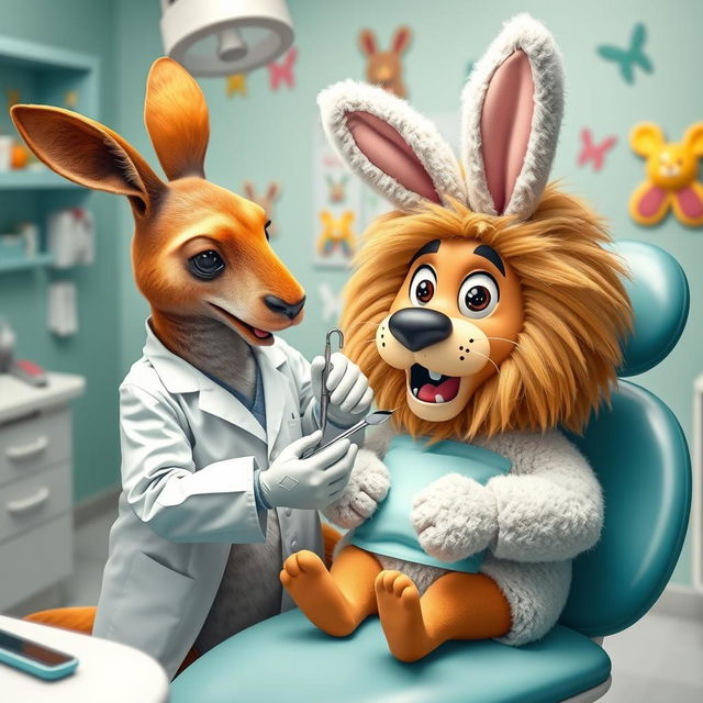 In a whimsical dental office, a kangaroo dressed as a dentist is gently extracting a tooth from a lion wearing a fluffy rabbit costume