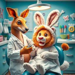 In a whimsical dental office, a kangaroo dressed as a dentist is gently extracting a tooth from a lion wearing a fluffy rabbit costume