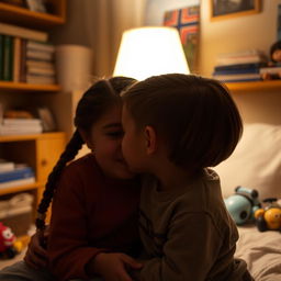 An older sister of European descent with braided hair, whispering into her younger brother's ear