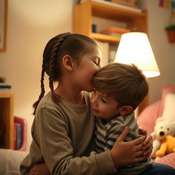 An older sister of European descent with braided hair, whispering into her younger brother's ear