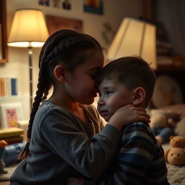 An older sister of European descent with braided hair, whispering into her younger brother's ear