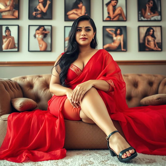 A full view photo of a slightly plump beautiful Indian woman sitting gracefully on a plush sofa, dressed in a stunning red saree