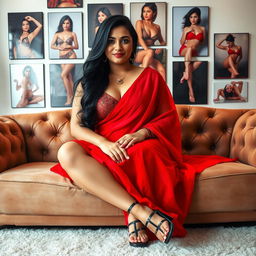 A full view photo of a slightly plump beautiful Indian woman sitting gracefully on a plush sofa, dressed in a stunning red saree