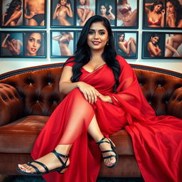 A full view photo of a slightly plump beautiful Indian woman sitting gracefully on a plush sofa, dressed in a stunning red saree