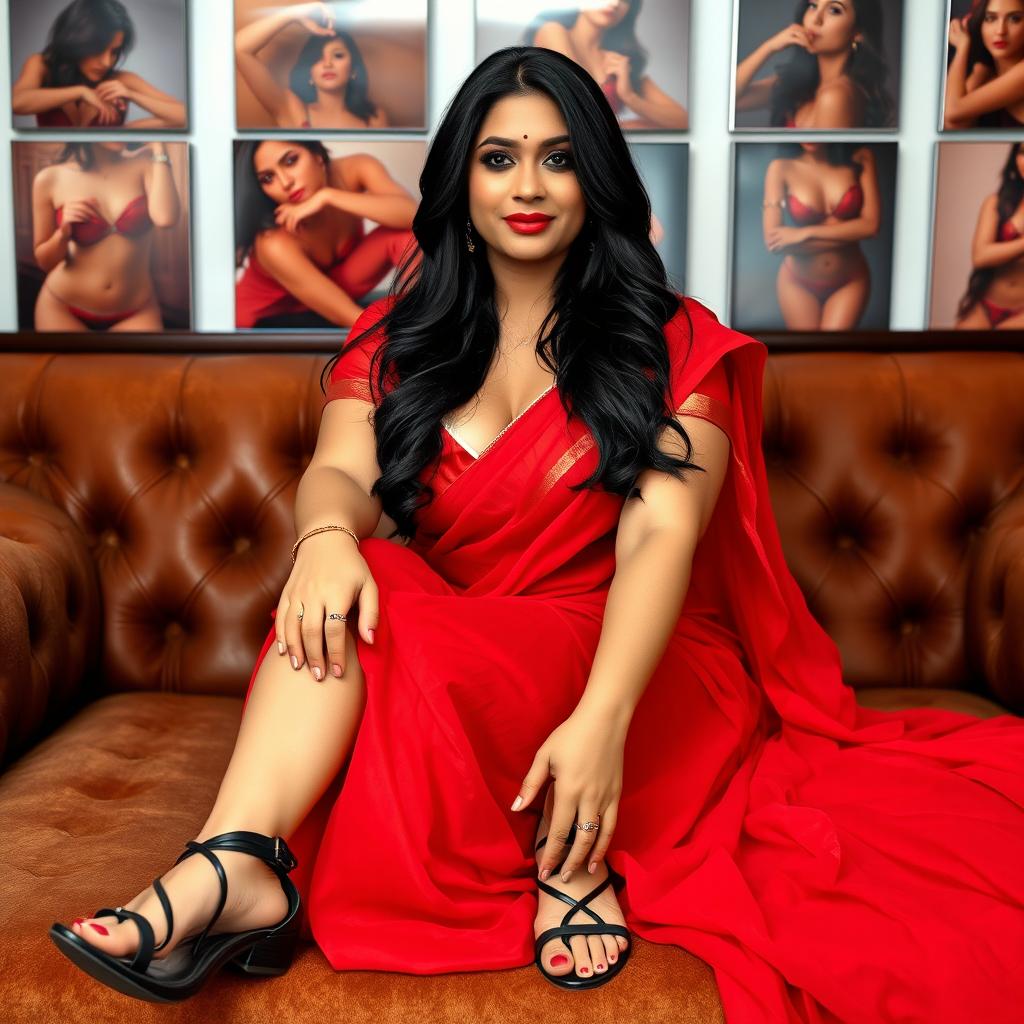 A full view photo of a slightly plump beautiful Indian woman sitting gracefully on a plush sofa, dressed in a stunning red saree