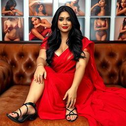 A full view photo of a slightly plump beautiful Indian woman sitting gracefully on a plush sofa, dressed in a stunning red saree