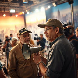 A filmmaker on a vibrant movie set, surrounded by crew members discussing the next scene