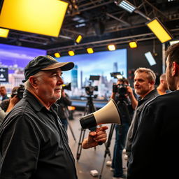 A filmmaker on a vibrant movie set, surrounded by crew members discussing the next scene
