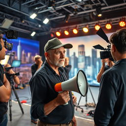 A filmmaker on a vibrant movie set, surrounded by crew members discussing the next scene