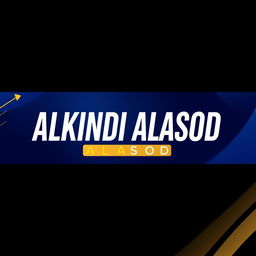 A professional and eye-catching YouTube channel banner featuring the name 'ALKINDI ALASOD' in large, bold letters