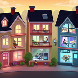 A charming 2D game scene depicting a neighborhood with several houses, each representing different musical genres for a music creation game