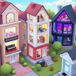 A charming 2D game scene depicting a neighborhood with several houses, each representing different musical genres for a music creation game