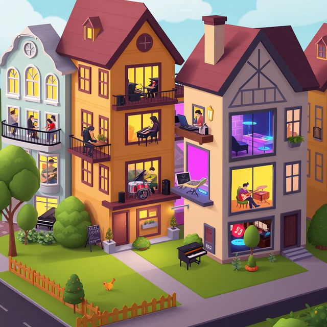 A charming 2D game scene depicting a neighborhood with several houses, each representing different musical genres for a music creation game