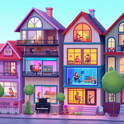 A charming 2D game scene depicting a neighborhood with several houses, each representing different musical genres for a music creation game
