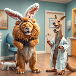 In a light-hearted scene, a lion is playfully removing its rabbit costume, revealing its majestic fur while expressing a mix of relief and amusement