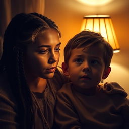 An older sister of European descent with braided hair, whispering softly into her younger brother's ear