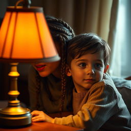 An older sister of European descent with braided hair, whispering softly into her younger brother's ear