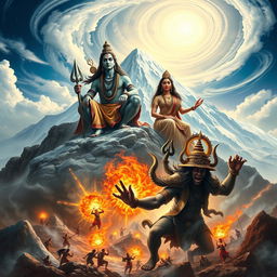 A majestic depiction of Lord Shiva seated atop the snow-capped Mount Kailash, with swirling clouds and the cosmic sky in the background