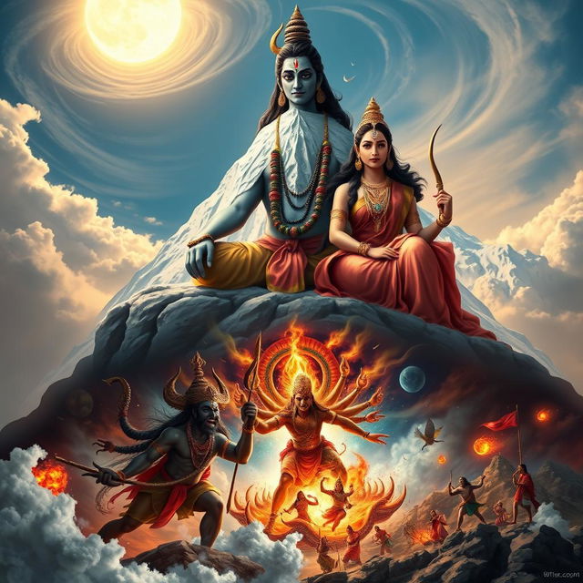 A majestic depiction of Lord Shiva seated atop the snow-capped Mount Kailash, with swirling clouds and the cosmic sky in the background