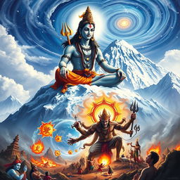 A majestic depiction of Lord Shiva seated atop the snow-capped Mount Kailash, with swirling clouds and the cosmic sky in the background