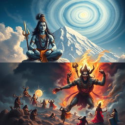 A majestic depiction of Lord Shiva seated atop the snow-capped Mount Kailash, with swirling clouds and the cosmic sky in the background