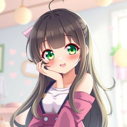 An anime girl with long, thick bangs and vibrant green eyes